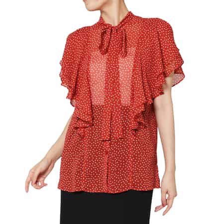 ウォッシャブル ドットプリント シアー素材ボウタイブラウス