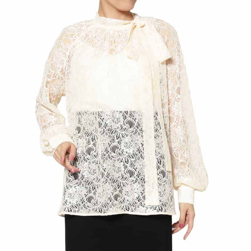 BARNEYS NEW YORK サイドボウ付き ラグランスリーブ レースブラウス （インナーキャミソール付き） IVORY