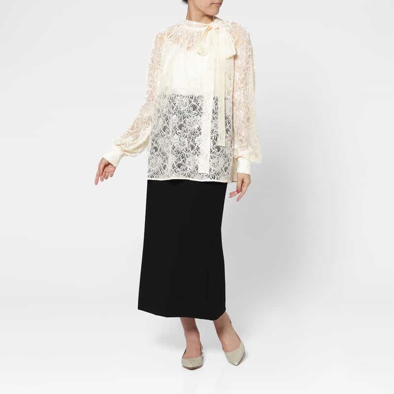 BARNEYS NEW YORK サイドボウ付き ラグランスリーブ レースブラウス （インナーキャミソール付き） IVORY