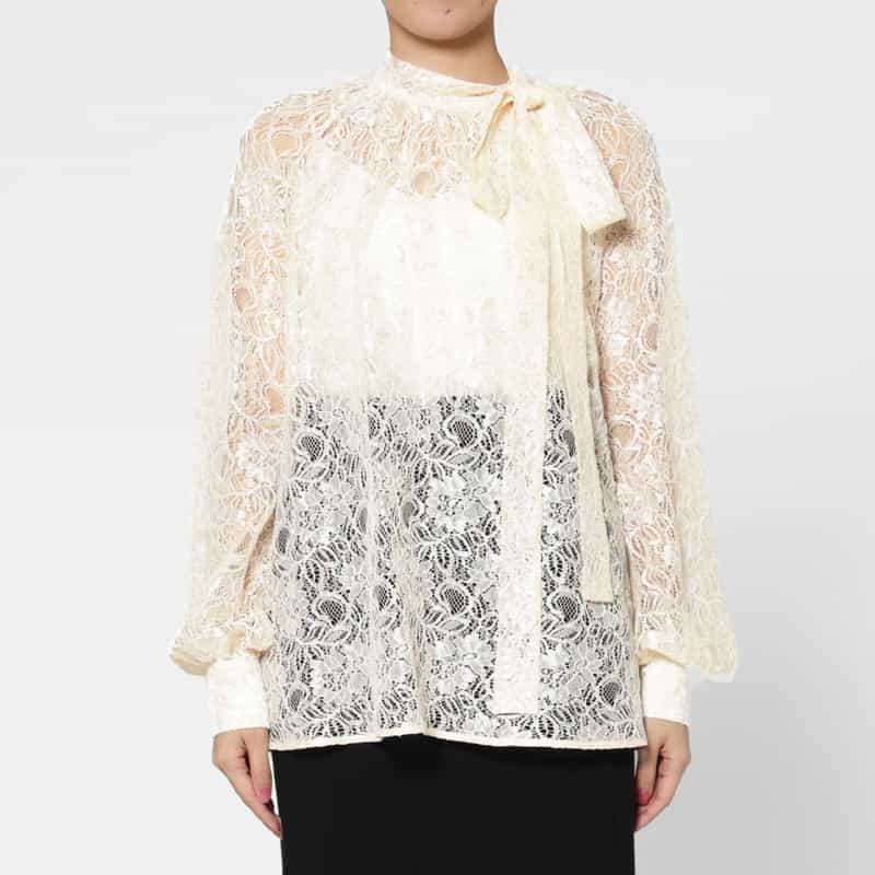 BARNEYS NEW YORK サイドボウ付き ラグランスリーブ レースブラウス （インナーキャミソール付き） IVORY