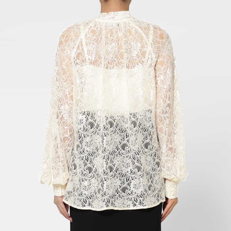 BARNEYS NEW YORK サイドボウ付き ラグランスリーブ レースブラウス （インナーキャミソール付き） IVORY
