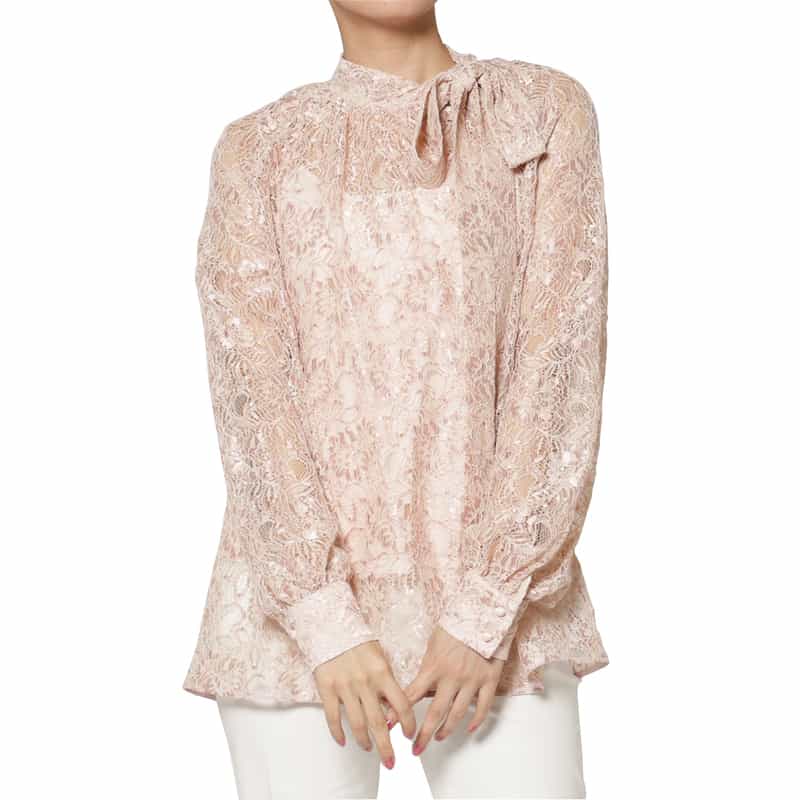 BARNEYS NEW YORK サイドボウ付き ラグランスリーブ レースブラウス （インナーキャミソール付き） PINK