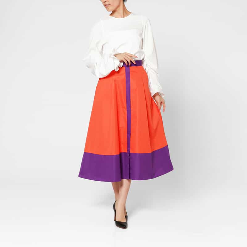 BARNEYS NEW YORK ウォッシャブル バイカラーフレアスカート ORANGE