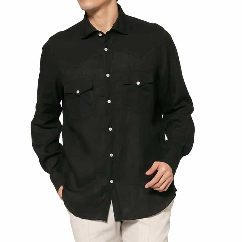 FINAMORE FINAMORE＜フィナモレ＞ バーニーズ　ニューヨーク限定リネンウエスタンシャツ"LUIGI" BLACK
