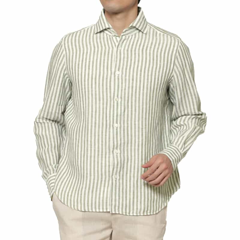 FINAMORE FINAMORE＜フィナモレ＞ ストライプ柄リネンシャツ"PANTELLERIA" GREEN