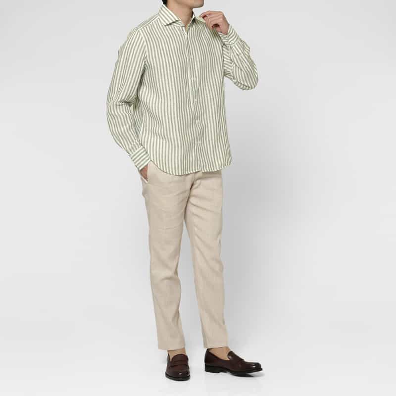 FINAMORE FINAMORE＜フィナモレ＞ ストライプ柄リネンシャツ"PANTELLERIA" GREEN