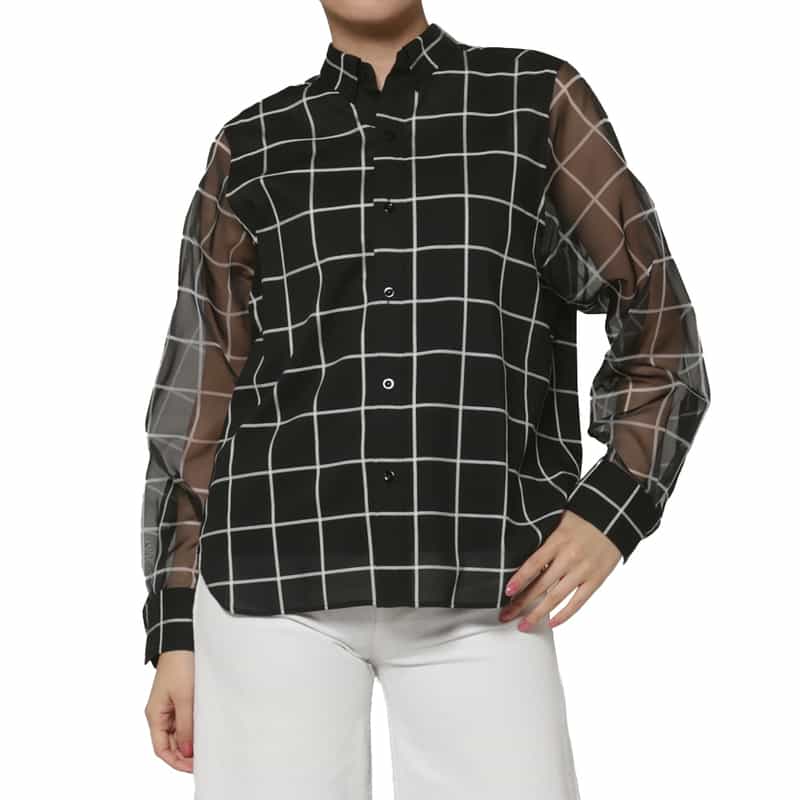 HYKE HYKE ＜ハイク＞ シアー素材ウインドウペーン柄ブラウス BLACK