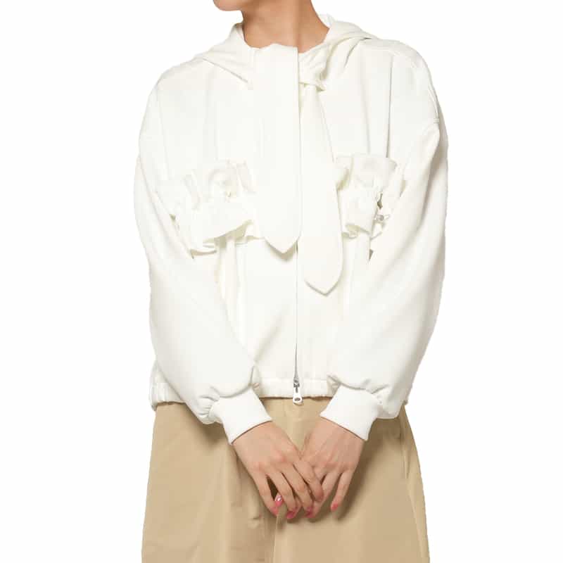 BARNEYS NEW YORK ウォッシャブル ボウタイ付きジップアップ フーデッドフリルブルゾン WHITE