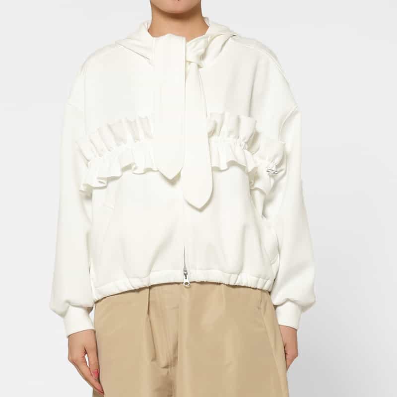 BARNEYS NEW YORK ウォッシャブル ボウタイ付きジップアップ フーデッドフリルブルゾン WHITE