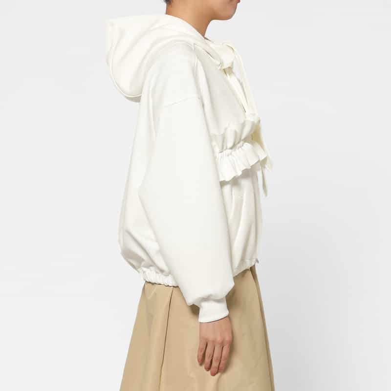 BARNEYS NEW YORK ウォッシャブル ボウタイ付きジップアップ フーデッドフリルブルゾン WHITE