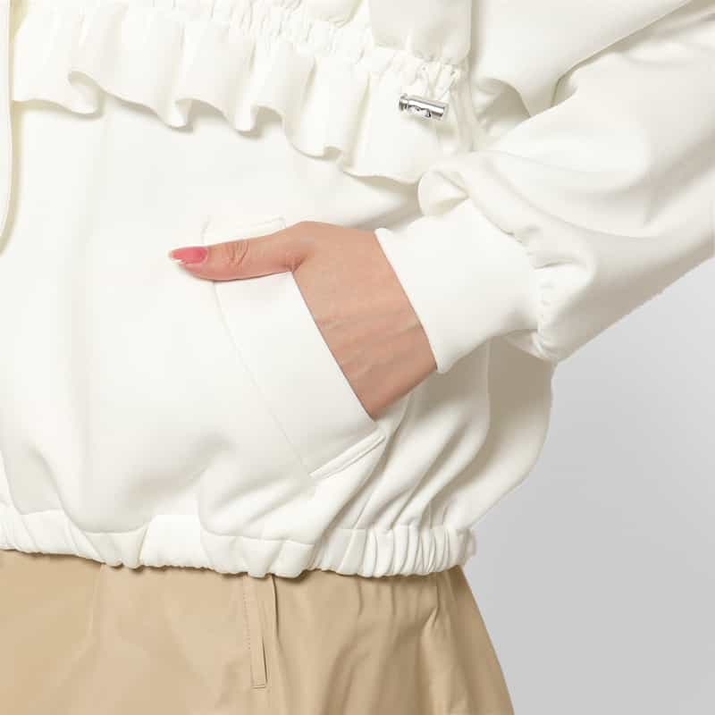 BARNEYS NEW YORK ウォッシャブル ボウタイ付きジップアップ フーデッドフリルブルゾン WHITE