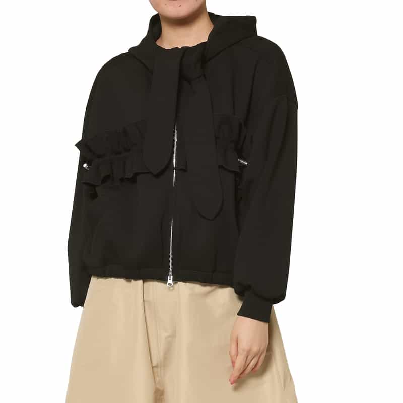 BARNEYS NEW YORK ウォッシャブル ボウタイ付きジップアップ フーデッドフリルブルゾン BLACK