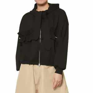 ウォッシャブル ボウタイ付きジップアップ フーデッドフリルブルゾン