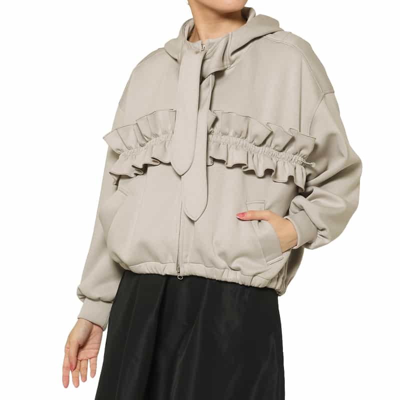 BARNEYS NEW YORK ウォッシャブル ボウタイ付きジップアップ フーデッドフリルブルゾン LIGHT GRAY