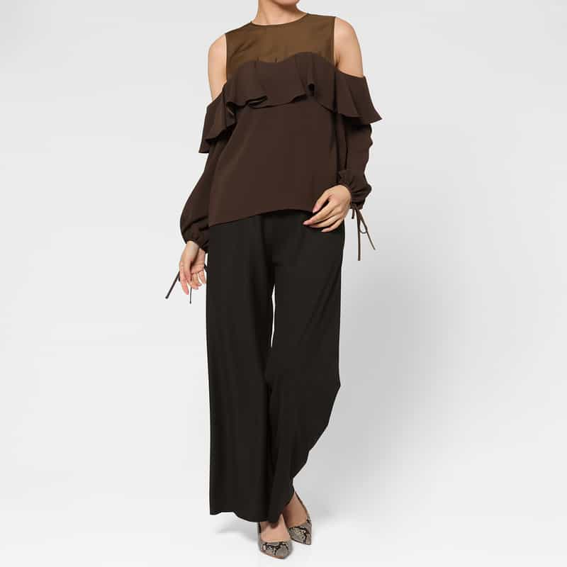 BARNEYS NEW YORK 異素材コンビネーション オフショルダー フリルブラウス BROWN