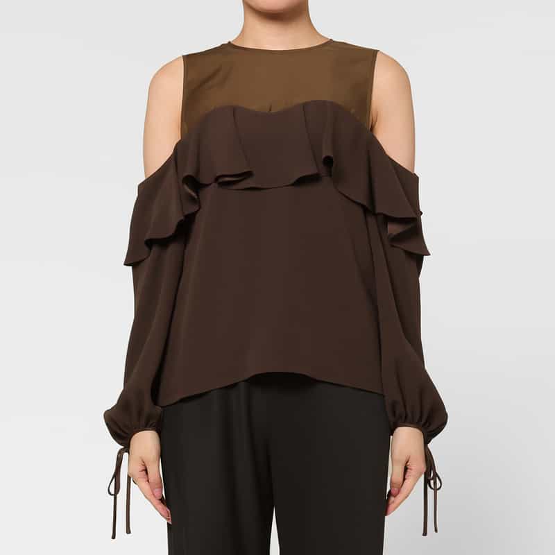 BARNEYS NEW YORK 異素材コンビネーション オフショルダー フリルブラウス BROWN