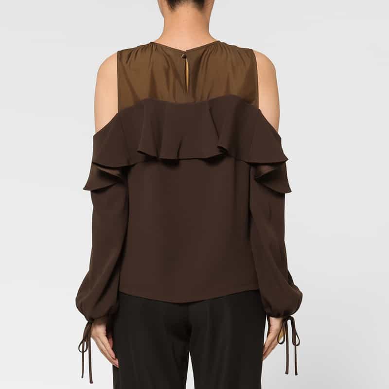 BARNEYS NEW YORK 異素材コンビネーション オフショルダー フリルブラウス BROWN