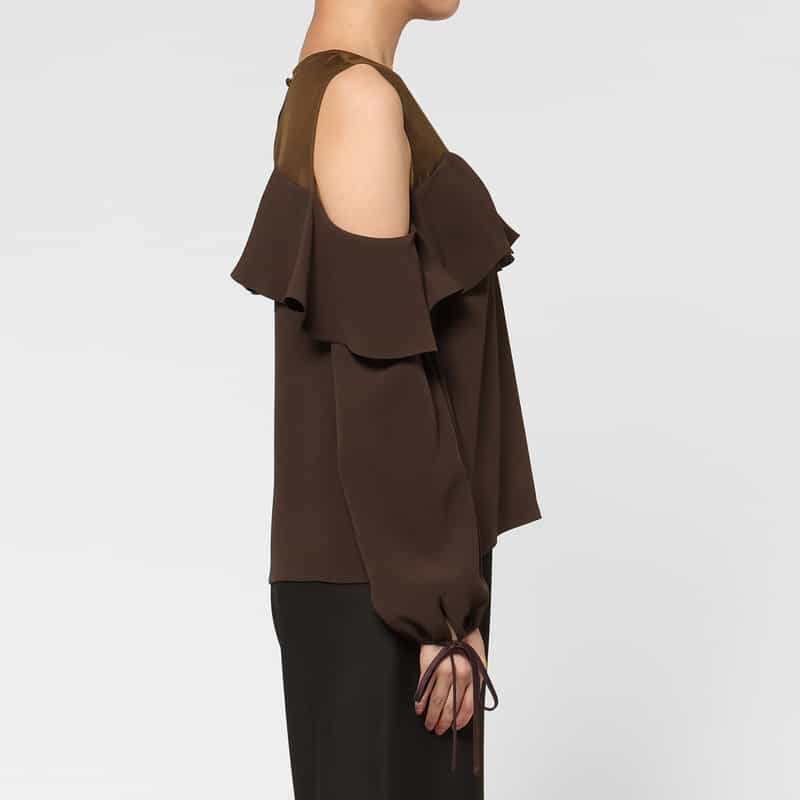 BARNEYS NEW YORK 異素材コンビネーション オフショルダー フリルブラウス BROWN