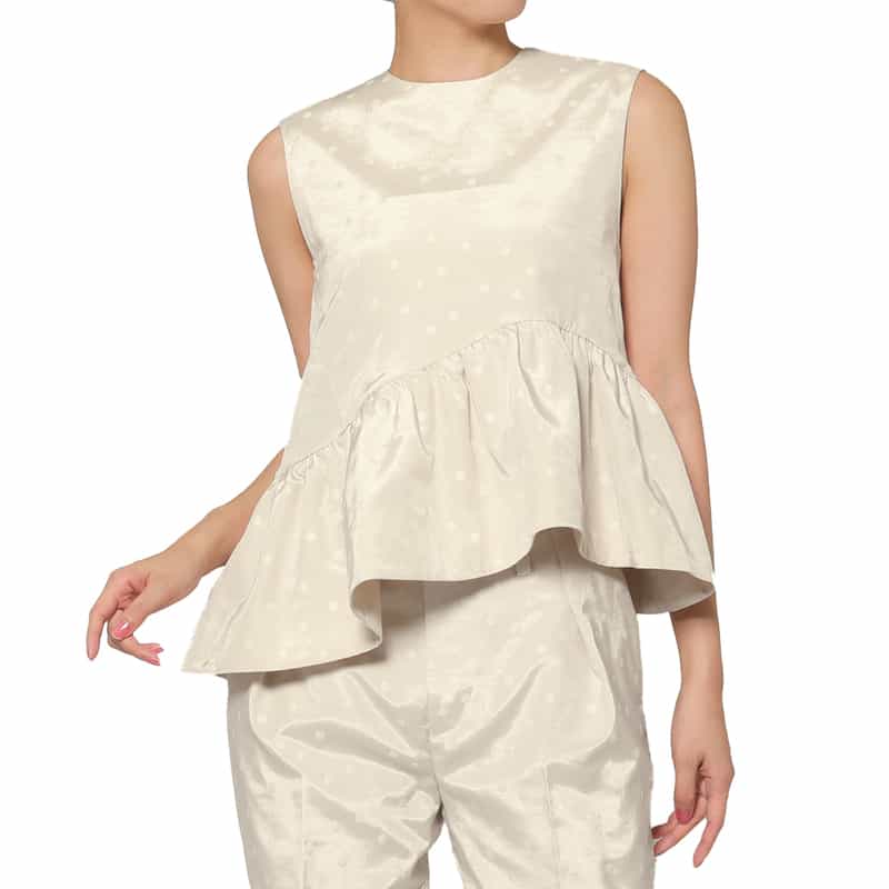 BARNEYS NEW YORK セットアップ ウォッシャブル ドット柄グログラン アシンメトリーフリルヘムブラウス WHITE