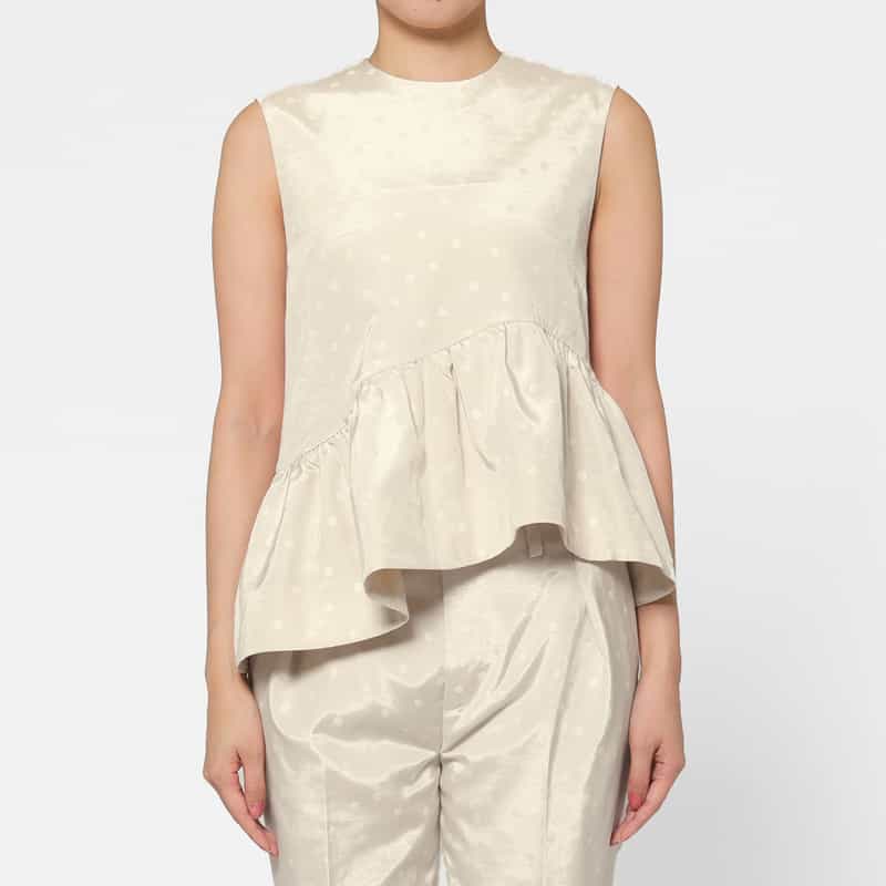 BARNEYS NEW YORK セットアップ ウォッシャブル ドット柄グログラン アシンメトリーフリルヘムブラウス WHITE