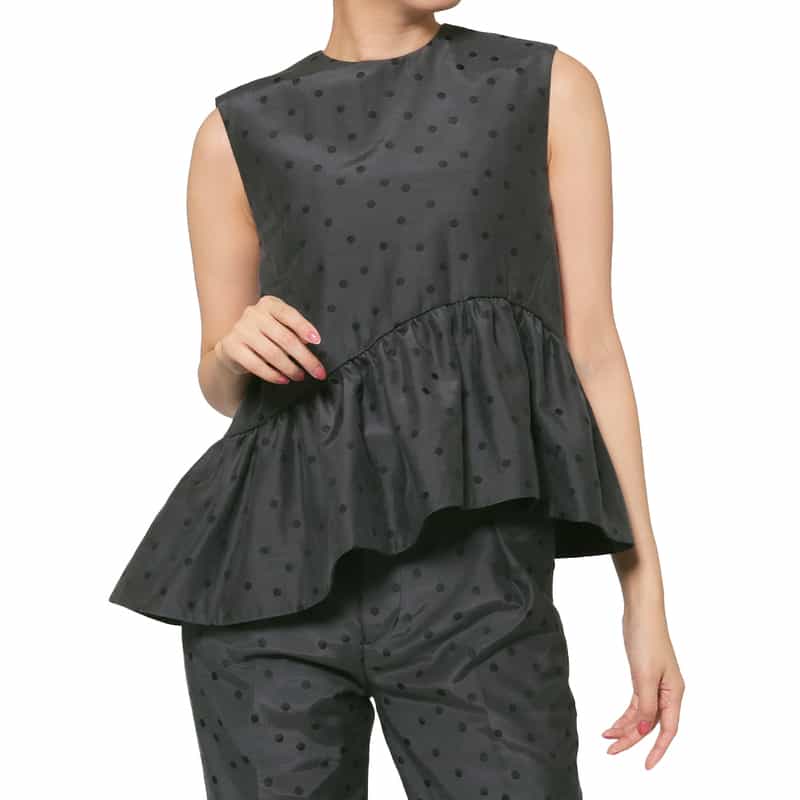 BARNEYS NEW YORK セットアップ ウォッシャブル ドット柄グログラン アシンメトリーフリルヘムブラウス BLACK