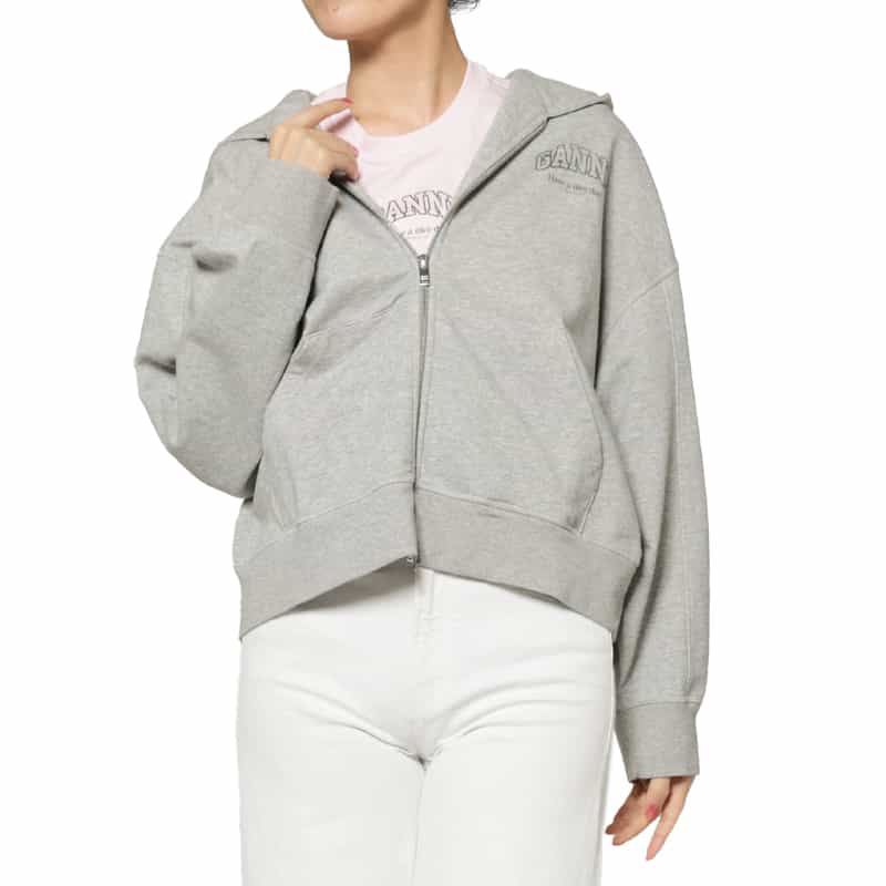 GANNI GANNI＜ガニー＞ プリントロゴ ジップアップフーデッドパーカー GRAY