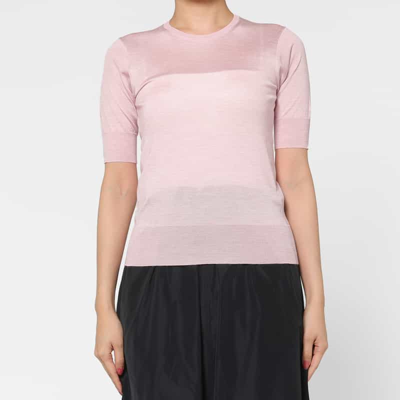 BARNEYS NEW YORK ウォッシャブル シルクナイロン素材ハーフスリーブシアーニットプルオーバー PINK