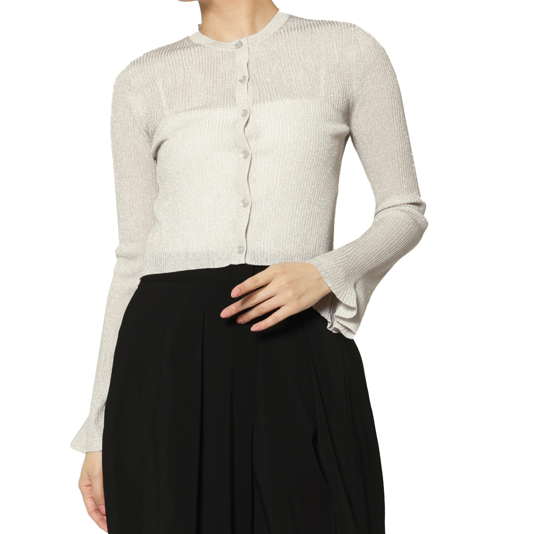 ウォッシャブル フリルスリーブ シアーラメニットカーディガン