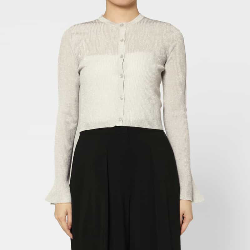 BARNEYS NEW YORK ウォッシャブル フリルスリーブ シアーラメニットカーディガン WHITE