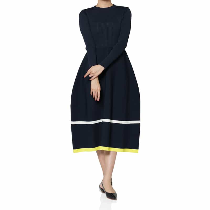 ウォッシャブル マルチカラーライン リブニットフレアドレス