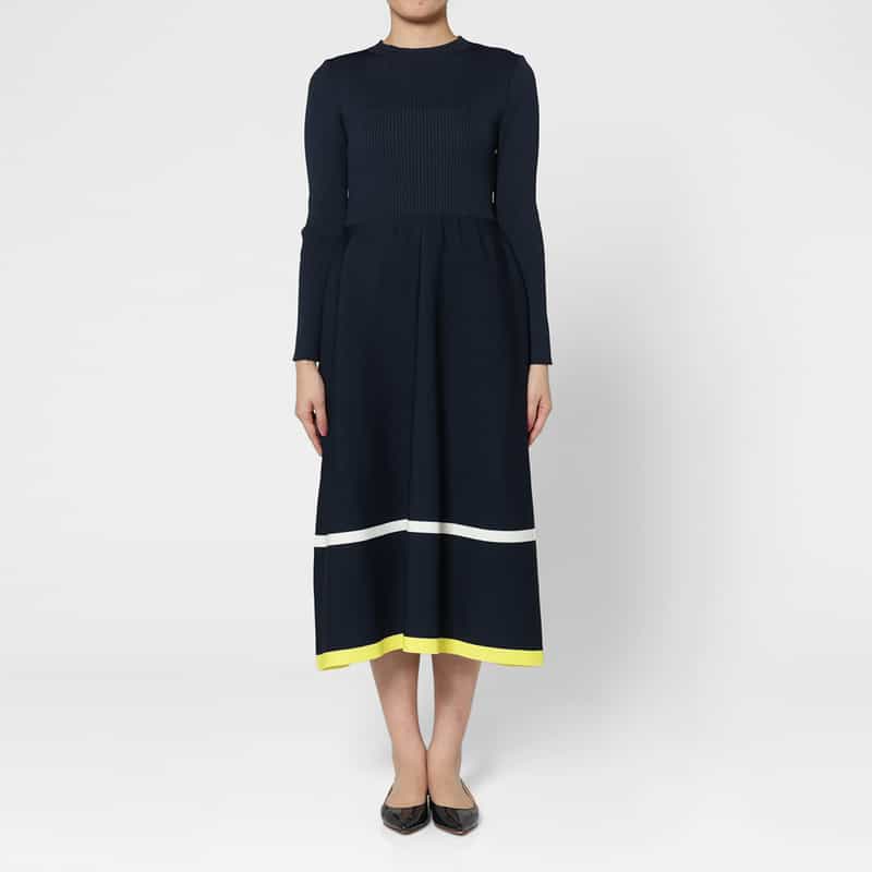 BARNEYS NEW YORK ウォッシャブル マルチカラーライン リブニットフレアドレス NAVY