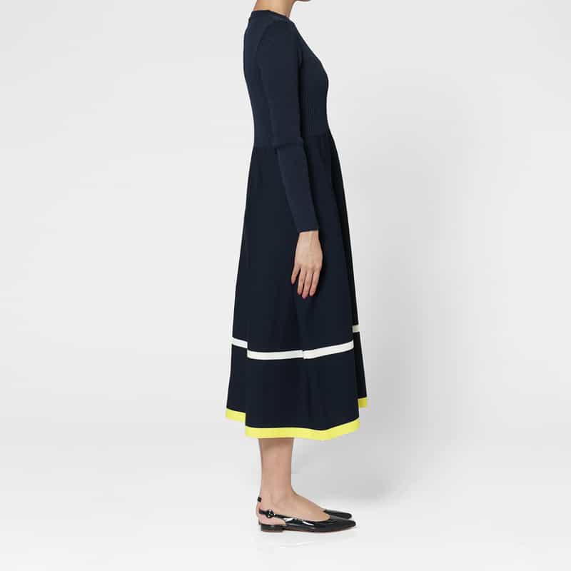 BARNEYS NEW YORK ウォッシャブル マルチカラーライン リブニットフレアドレス NAVY