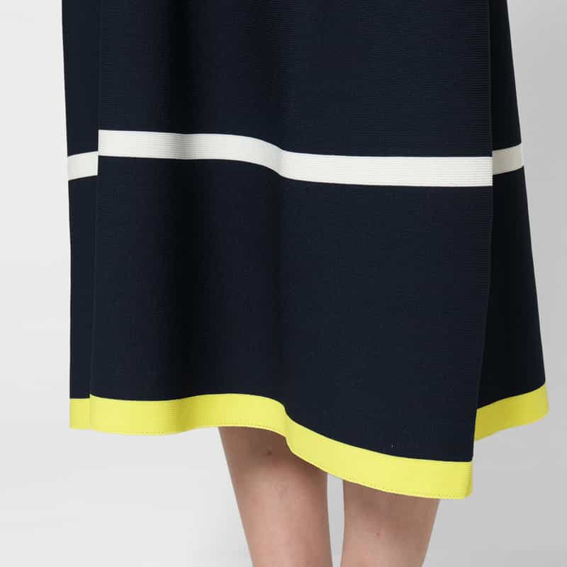 BARNEYS NEW YORK ウォッシャブル マルチカラーライン リブニットフレアドレス NAVY