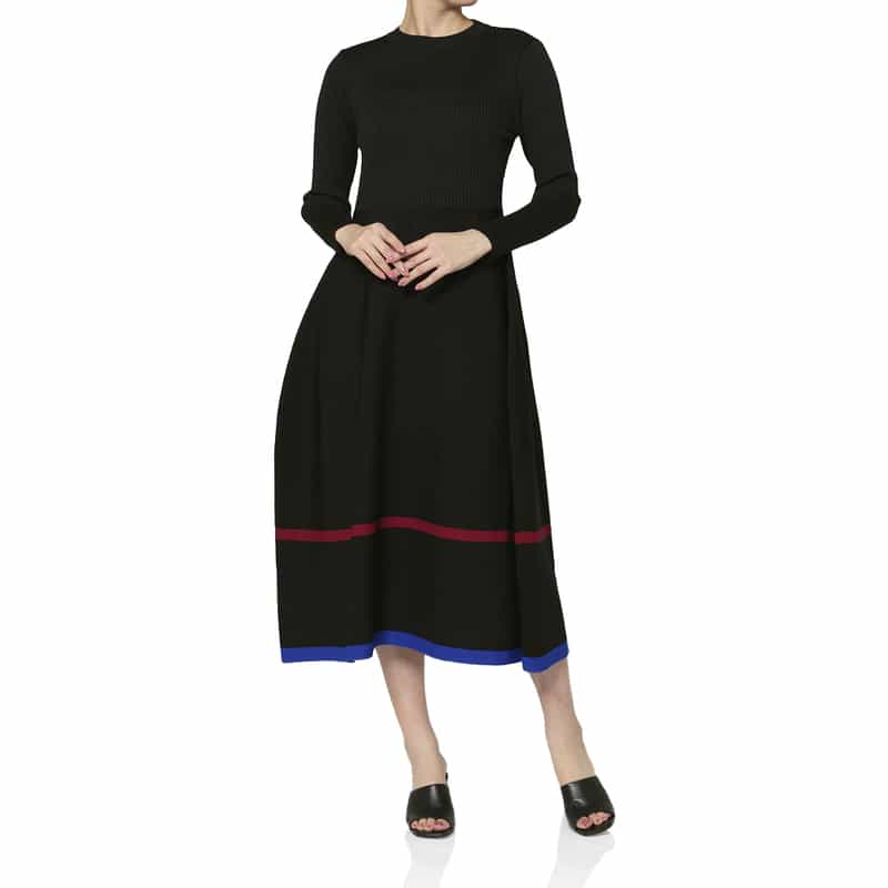 ウォッシャブル マルチカラーライン リブニットフレアドレス