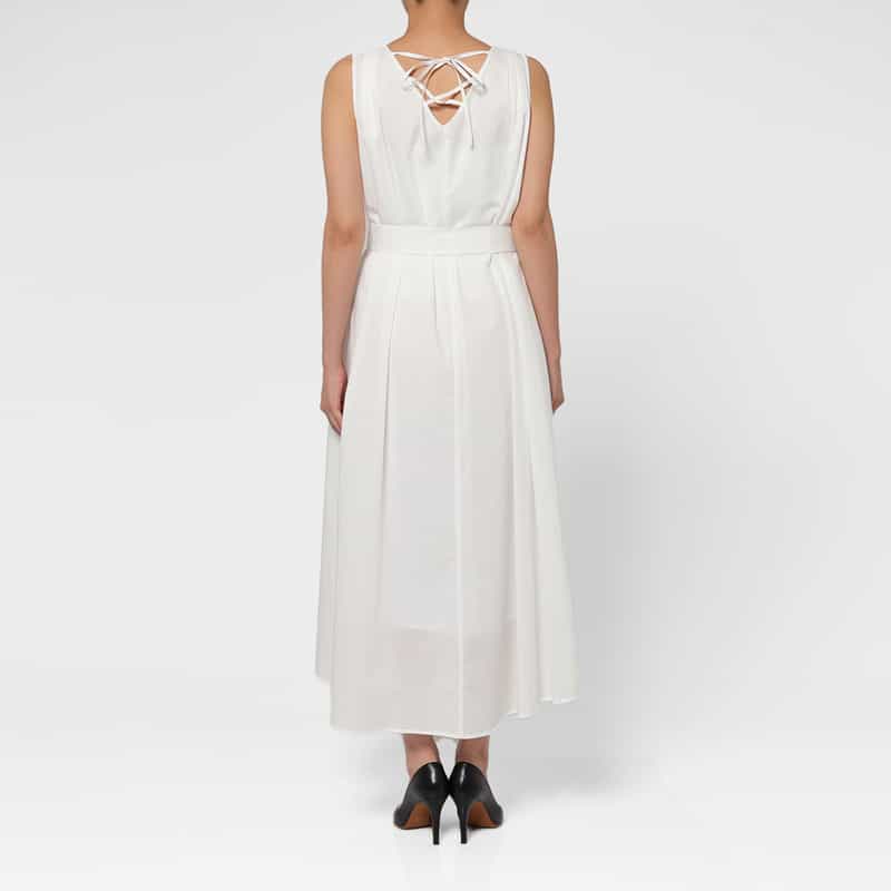 BARNEYS NEW YORK ウォッシャブル バックレースアップデザイン Aラインドレス WHITE