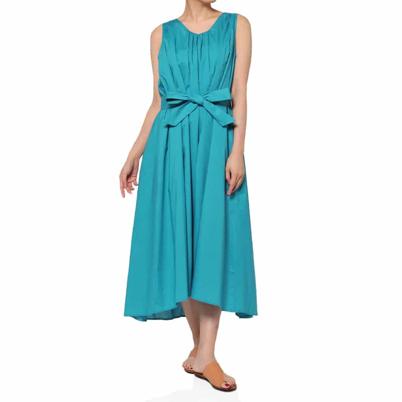 BARNEYS NEW YORK ウォッシャブル バックレースアップデザイン Aラインドレス TURQUOISE