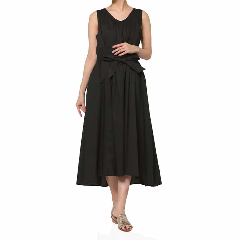 BARNEYS NEW YORK ウォッシャブル バックレースアップデザイン Aラインドレス BLACK