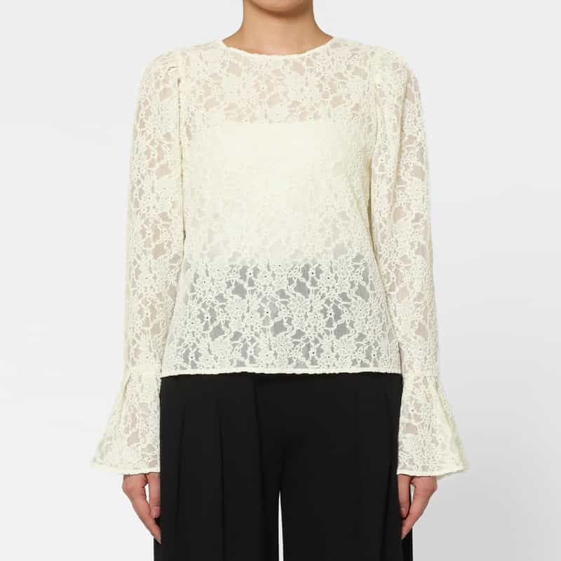 BARNEYS NEW YORK ウォッシャブル レース素材 フレアスリーブカットソー WHITE