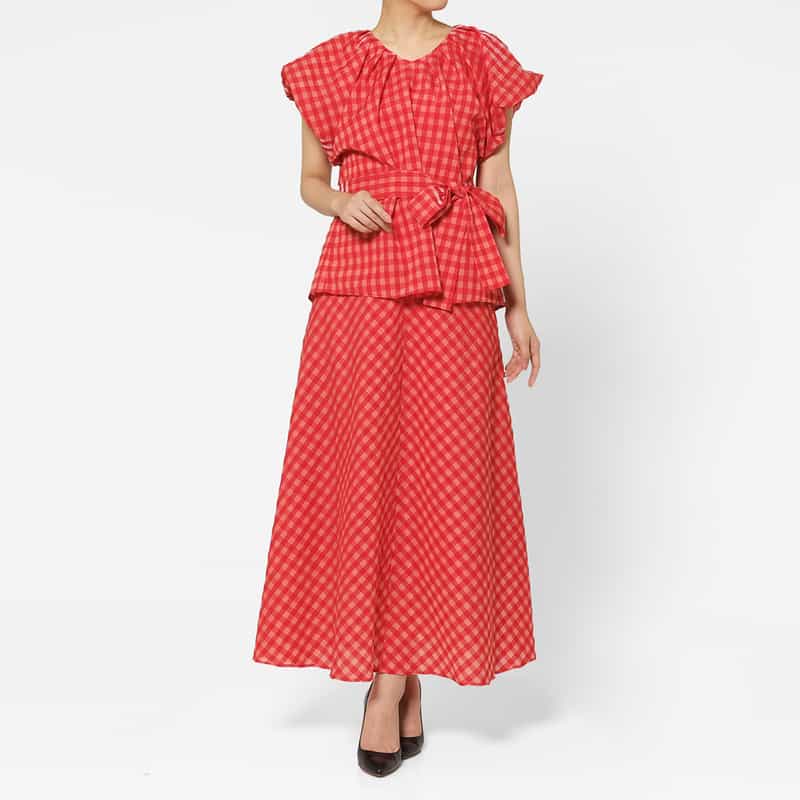BARNEYS NEW YORK セットアップ ウォッシャブル ギンガムチェックリボンブラウス RED