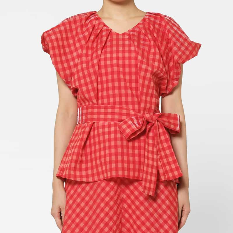 BARNEYS NEW YORK セットアップ ウォッシャブル ギンガムチェックリボンブラウス RED