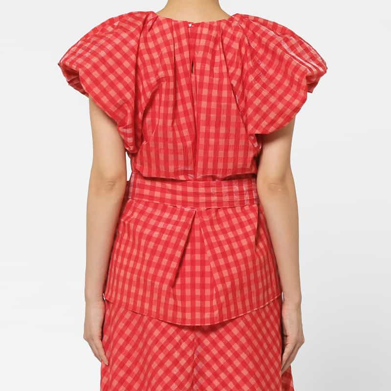 BARNEYS NEW YORK セットアップ ウォッシャブル ギンガムチェックリボンブラウス RED