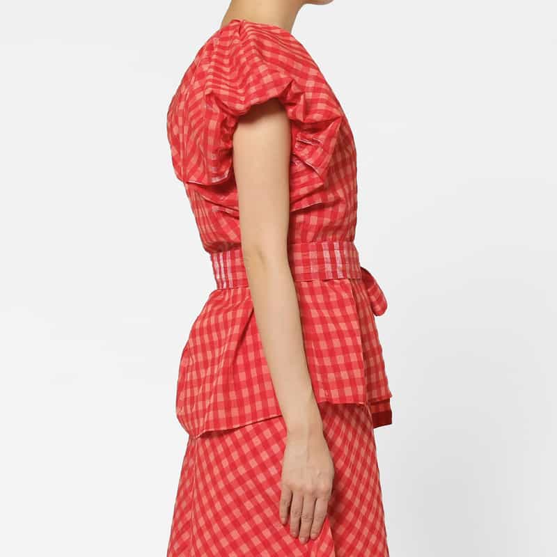 BARNEYS NEW YORK セットアップ ウォッシャブル ギンガムチェックリボンブラウス RED