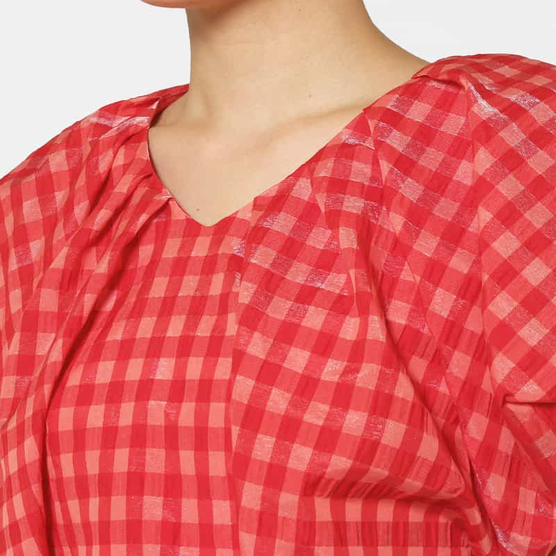 BARNEYS NEW YORK セットアップ ウォッシャブル ギンガムチェックリボンブラウス RED