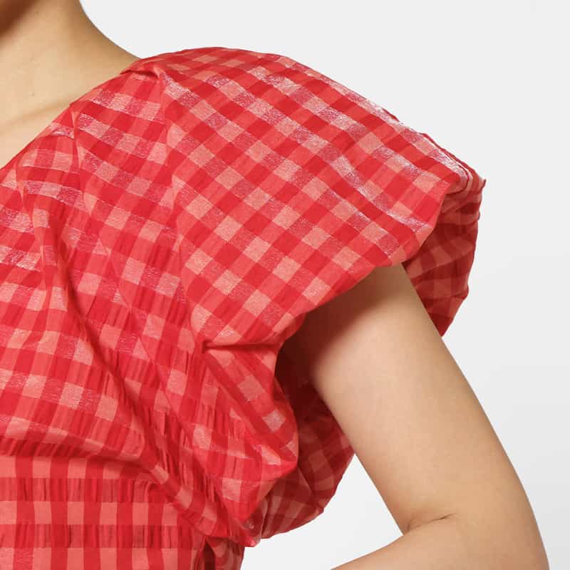 BARNEYS NEW YORK セットアップ ウォッシャブル ギンガムチェックリボンブラウス RED