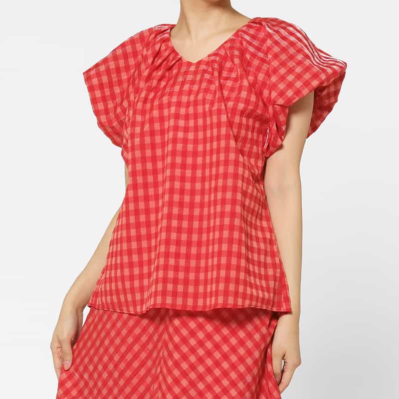 BARNEYS NEW YORK セットアップ ウォッシャブル ギンガムチェックリボンブラウス RED