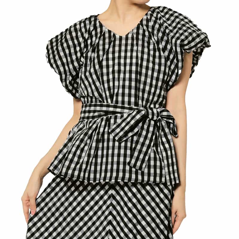 セットアップ ウォッシャブル ギンガムチェックリボンブラウス