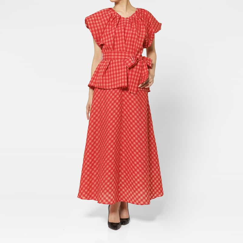 BARNEYS NEW YORK セットアップ ウォッシャブル ギンガムチェックロングスカート RED