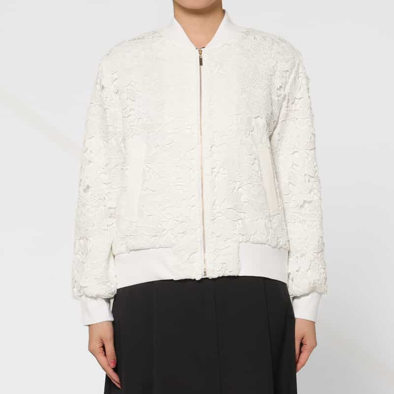BARNEYS NEW YORK スクーバ×レース コンビネーション ジップアップブルゾン WHITE