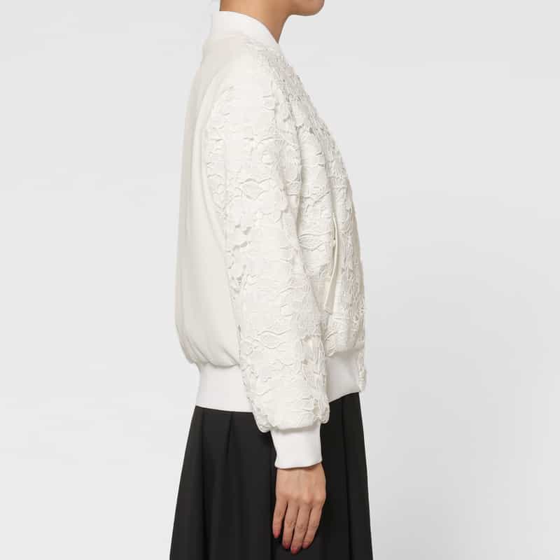 BARNEYS NEW YORK スクーバ×レース コンビネーション ジップアップブルゾン WHITE