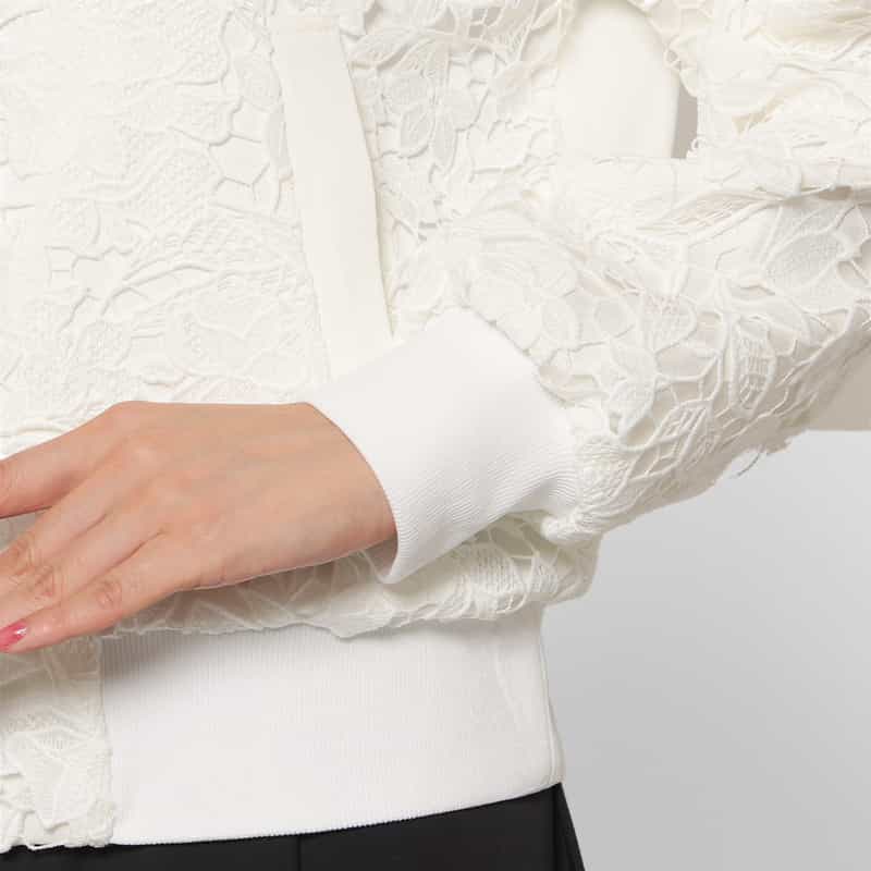 BARNEYS NEW YORK スクーバ×レース コンビネーション ジップアップブルゾン WHITE